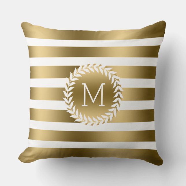 Monogramed White & Gold Stripes & White Wreath Cushion (Front)