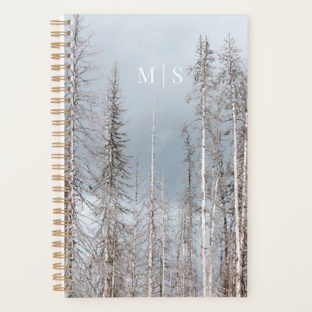 Monogramed White Winter Trees On Dusty Blue Sky Planner (Front)