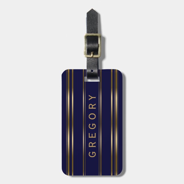 MonogramedNavy Blue And Gold Stripes Pattern Luggage Tag (Front Vertical)