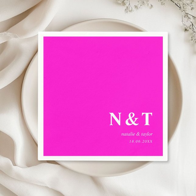 Monogramm neon-pink napkin (Monogram, modern, simple, elegant napkins, neon-pink, with your names and date.)