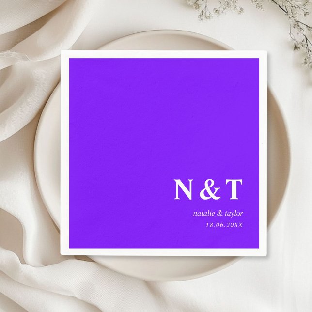 Monogramm neon-purple napkin (Monogram, modern, simple, elegant neon-purple napkins, with your names and date.)