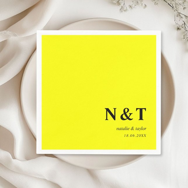 Monogramm neon-yellow napkin (Monogram, modern, simple, elegant napkins, neon-yellow, with your names and date.)