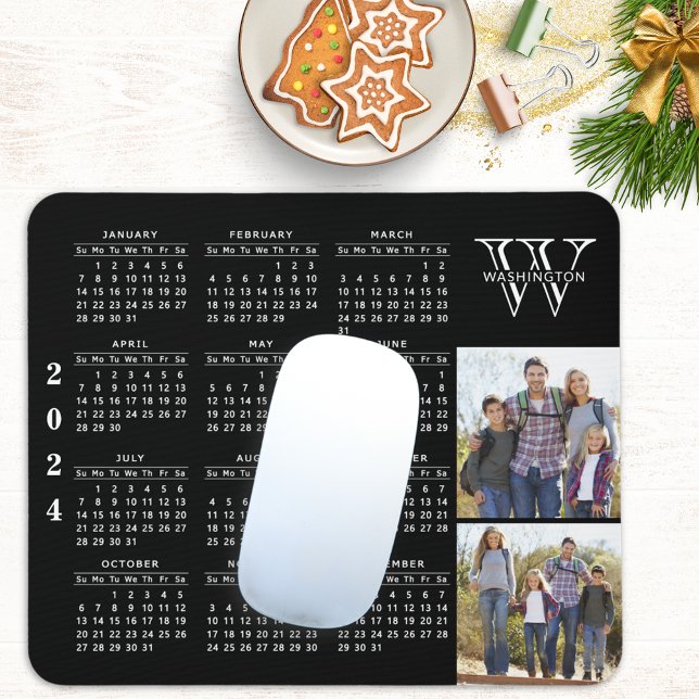 Monogrammed 2024 Calendar Family Photo Black White Mouse Pad (Creator Uploaded)