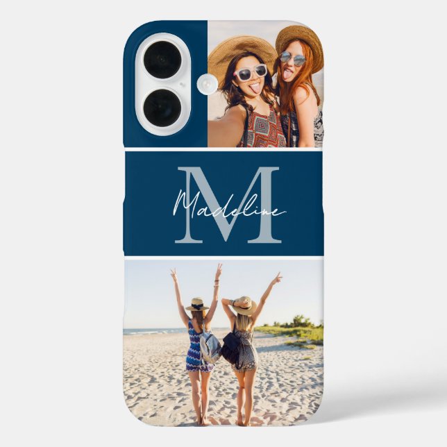 Monogrammed 2 Photo Collage Blue Case-Mate iPhone Case (Back)