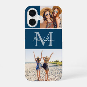 Monogrammed 2 Photo Collage Blue iPhone 16 Case