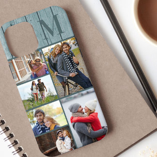 Monogrammed 6 Photo Collage Coastal Blue Wood iPhone 12 Pro Max Case