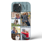 Monogrammed 6 Photo Collage Coastal Blue Wood