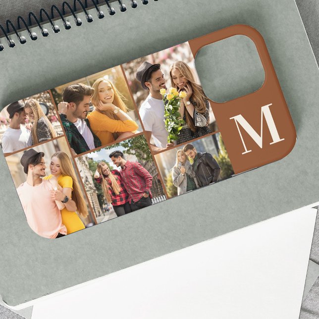 Monogrammed 6 Photo Collage Horizontal Brown Case-Mate iPhone Case (Creator Uploaded)