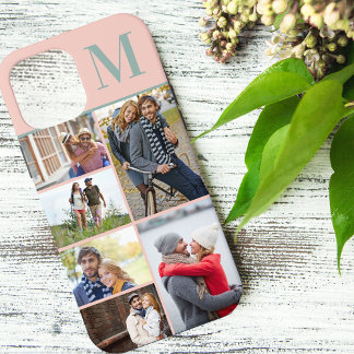 Monogrammed 6 Photo Collage Peach Green iPhone 12 Pro Max Case