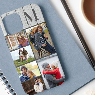 Monogrammed 6 Photo Collage Whitewashed Wood iPhone 12 Pro Max Case