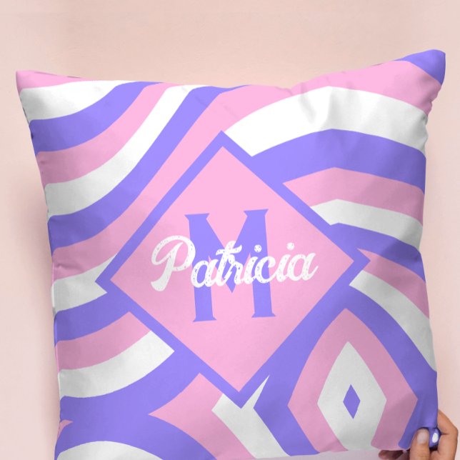 Monogrammed 70s Groovy pink & purple psychedelic Cushion (Creator Uploaded)