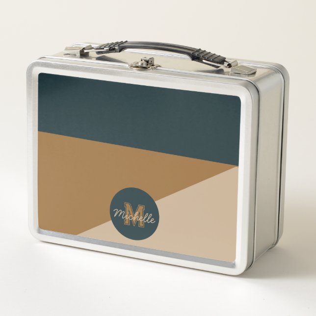 monogrammed 70s Vintage Green Brown colour block Metal Lunch Box (Front)