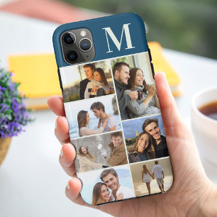 Monogrammed 7 Photo Collage on Teal Peacock Blue Case-Mate iPhone Case