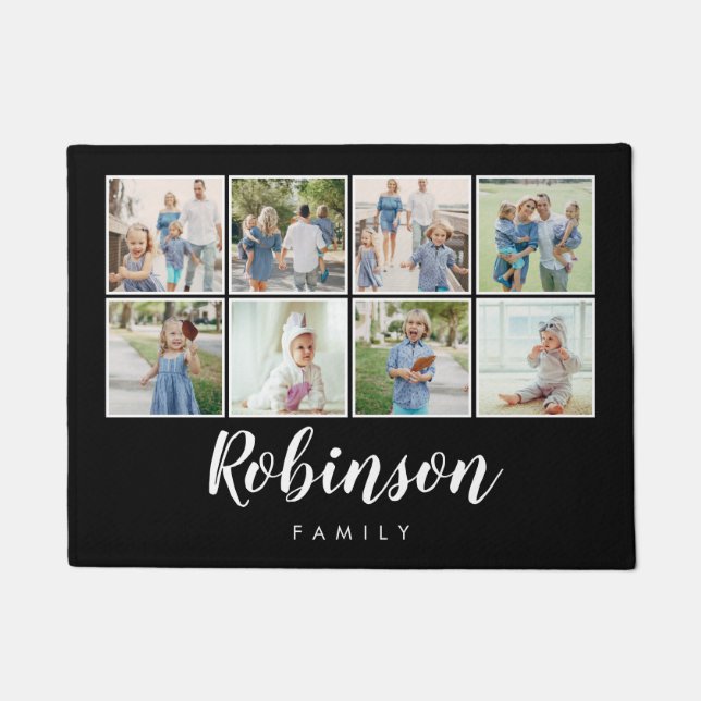 Monogrammed 8 Photo Family Collage | Black Doormat (Front)