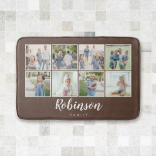 Monogrammed 8 Photo Family Collage Brown Bath Mat