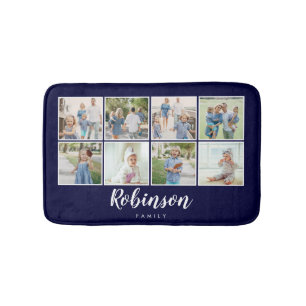 Monogrammed 8 Photo Family Collage Navy Blue Bath Mat