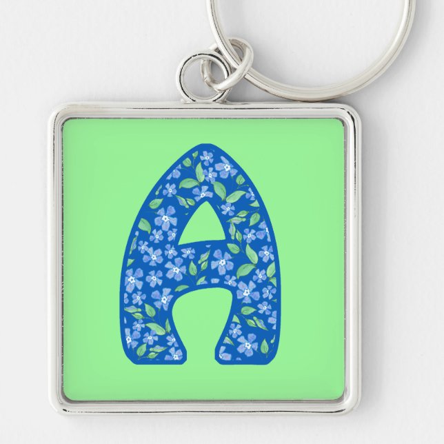 Monogrammed A Blue Floral Pattern Key Ring (Front)