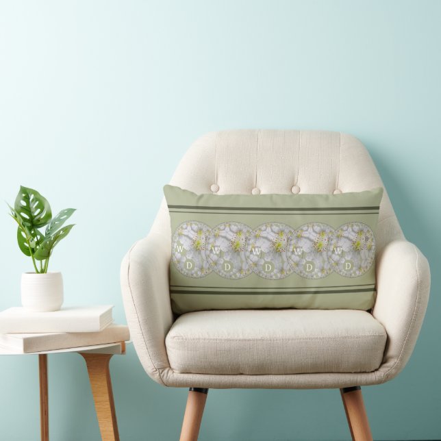 Monogrammed Abstract Daisy Flower Art, Grey Green Lumbar Cushion (Chair)