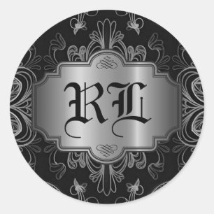 Monogrammed Abstract Floral Black And Silver Classic Round Sticker