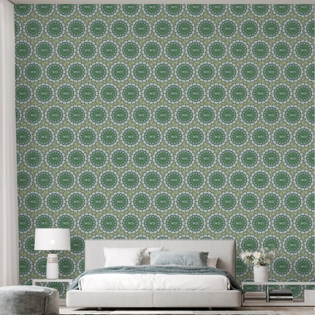 Monogrammed Abstract Floral Elegant Spring Green Wallpaper (Bedroom)