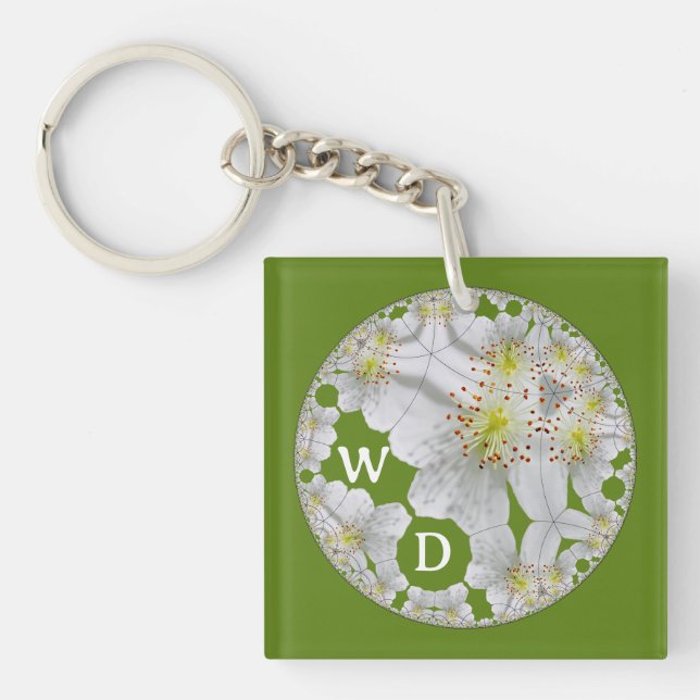Monogrammed Abstract Fun Floral Art Olive Green Key Ring (Front)