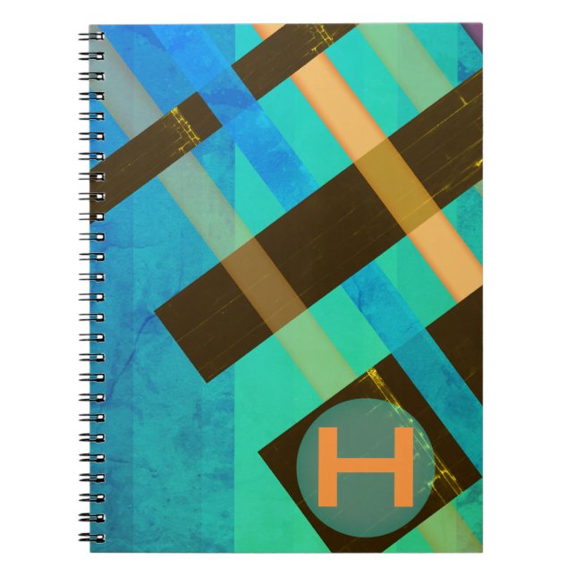Monogrammed Abstract Weaving Stripes Blues Spiral Notebook (Front)