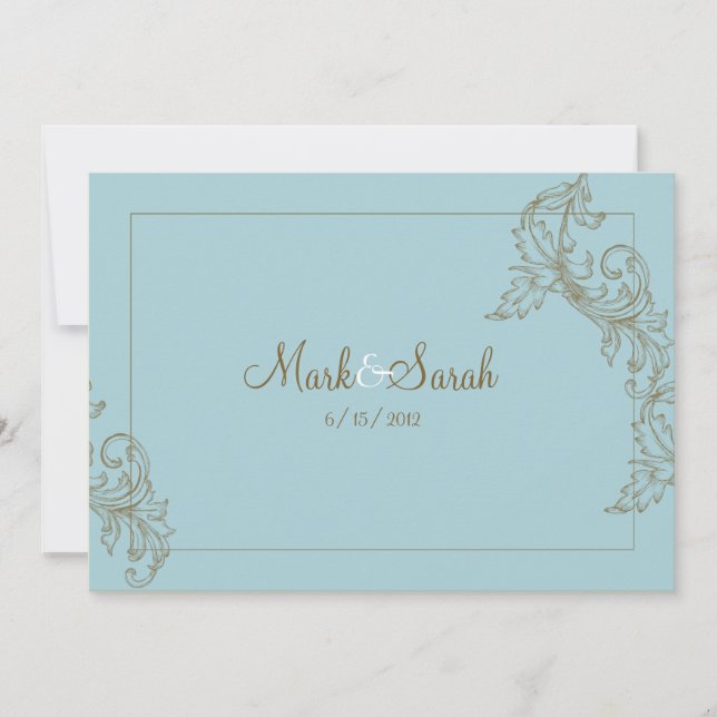 Monogrammed Acanthus Blue Brown Invitation (Front)