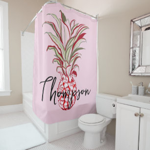 Monogrammed adorable pineapple script pink shower curtain