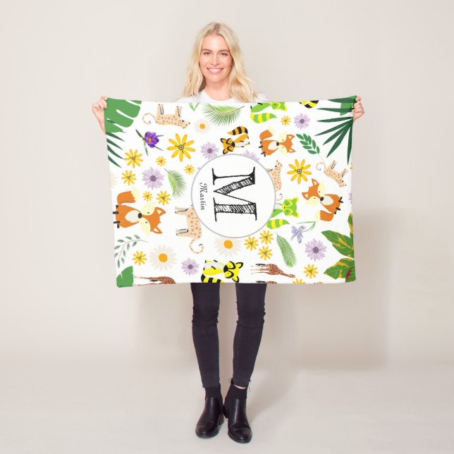 Monogrammed adorable safari pattern raccoons white fleece blanket (In Situ)