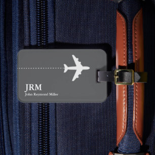 Monogrammed Airplane Traveler Name Gray  Luggage Tag