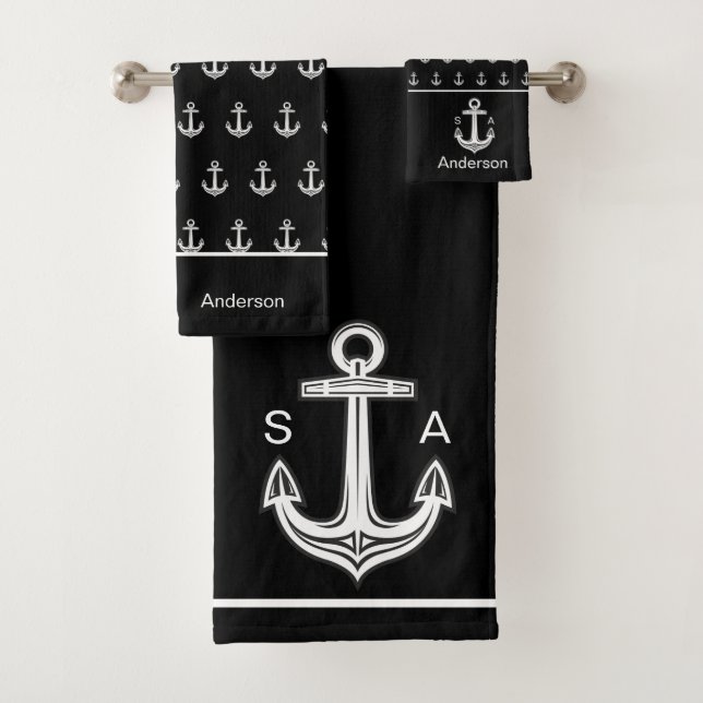 Monogrammed Anchor Nautical Black and White Bath Towel Set (Insitu)
