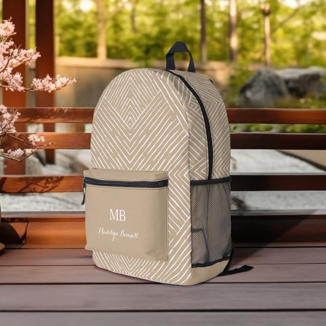 Monogrammed and Name Tan White Geometric Printed Backpack (Creator Uploaded)