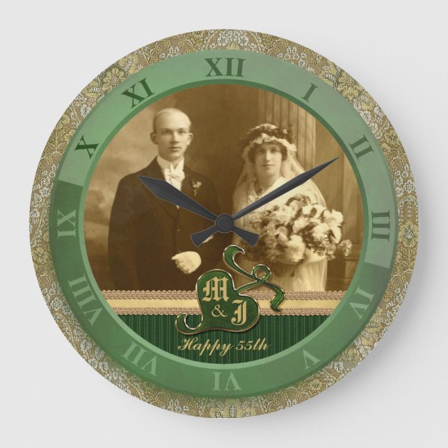 Monogrammed Antique Damask Gold Green Wedding Large Clock (Front)