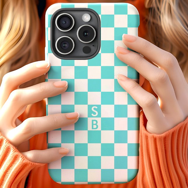Monogrammed Aqua And White Chequerboard Pattern iPhone 15 Case (Creator Uploaded)