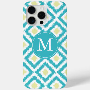 Monogrammed Aqua and Yellow Diamonds Ikat Pattern iPhone 15 Pro Max Case
