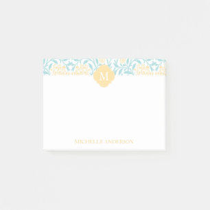Monogrammed Aqua and Yellow Floral Damask Post-it Notes