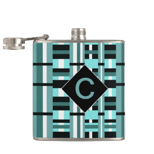 Monogrammed Aqua & Black Plaid Hip Flask