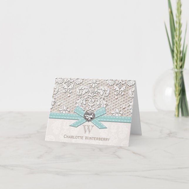 Monogrammed Aqua Blue Vintage Lace Note Cards (Front)