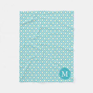 Monogrammed Aqua Yellow Diamonds Ikat Pattern Fleece Blanket