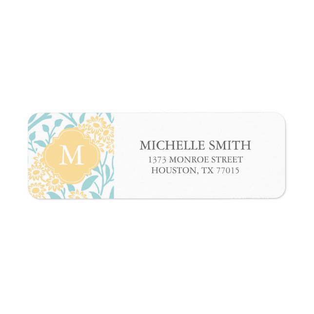 Monogrammed Aqua Yellow Floral Damask Pattern (Front)