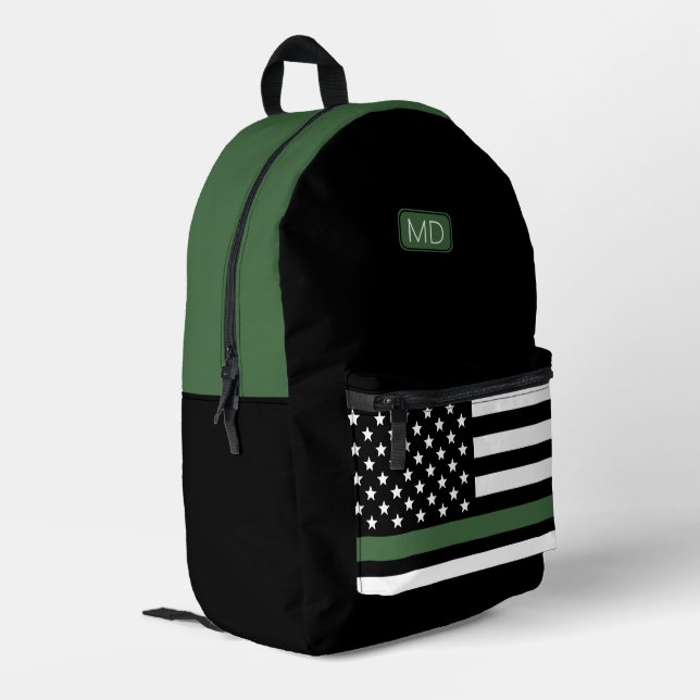 Monogrammed Army Military Thin Green Line Printed Backpack (Back Corner Left)