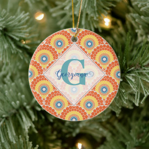 Monogrammed Art Deco Aegean Summer Radiant Mandala Ceramic Tree Decoration