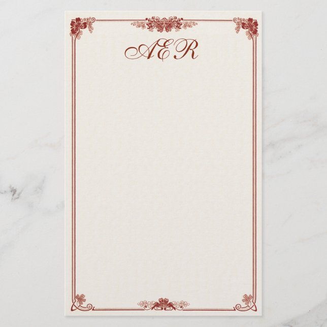 Monogrammed Art Nouveau Red Bordered Stationery (Front)