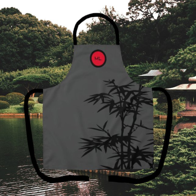 Monogrammed Asian Style Black Grey Red Apron (Creator Uploaded)