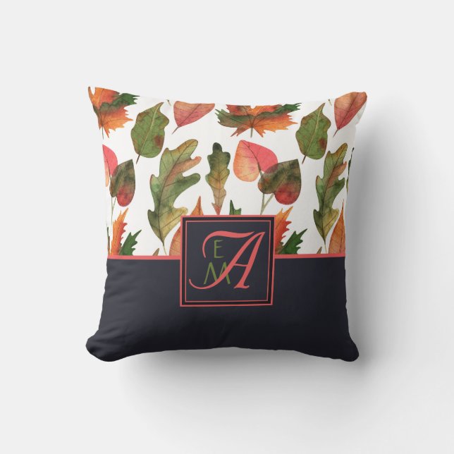 Monogrammed Autumn Leaves Blue Orange Fall Decor Cushion (Front)
