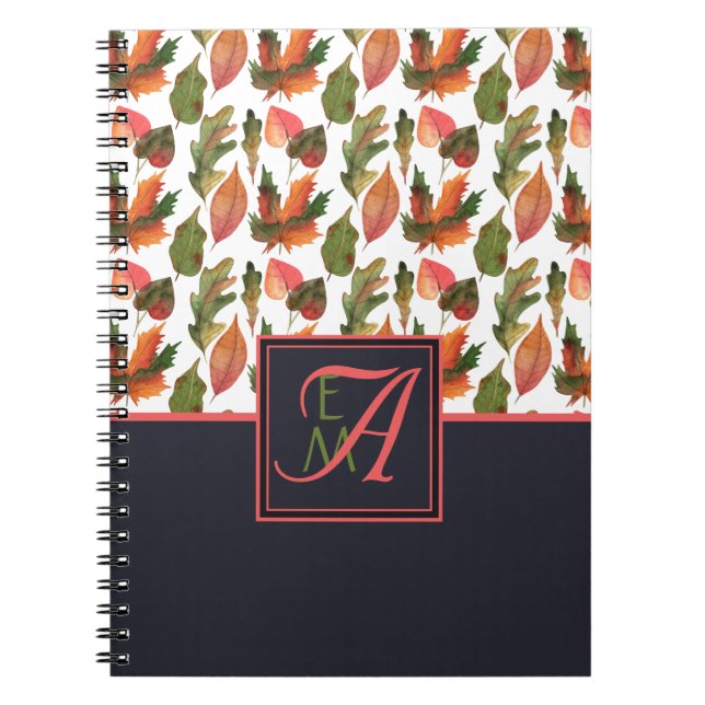Monogrammed Autumn Leaves Blue Orange Fall Decor Notebook (Front)
