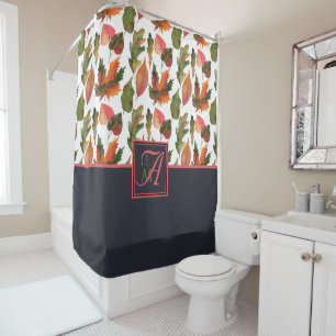 Monogrammed Autumn Leaves Blue Orange Fall Decor Shower Curtain