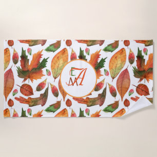 Monogrammed Autumn Leaves Fall Orange Green Decor Beach Towel