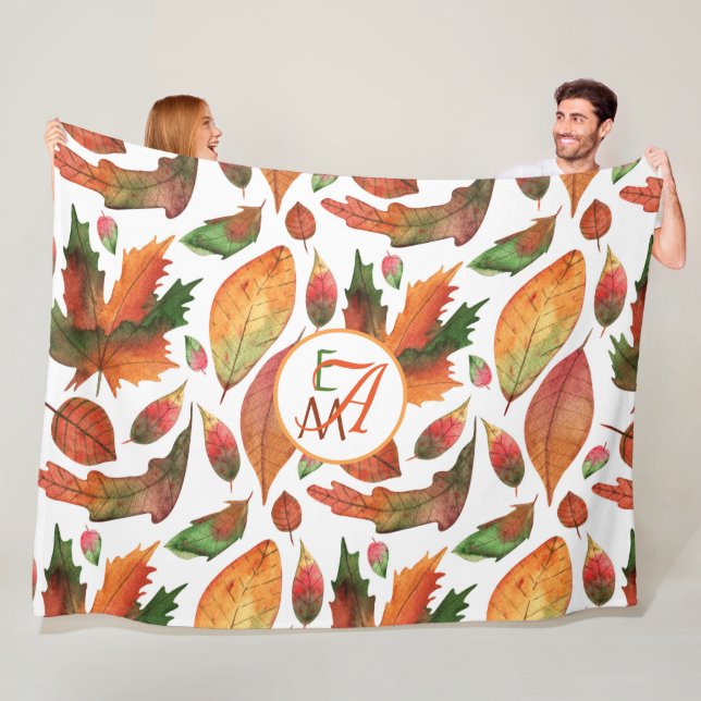 Monogrammed Autumn Leaves Fall Orange Green Decor Fleece Blanket (In Situ)