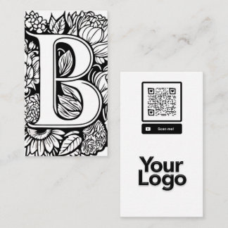 Monogrammed B Black and White Floral QR Code Logo Business Card